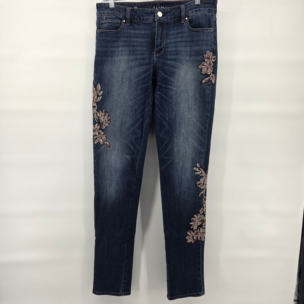 White House Black Market Slim Jeans 6 Long‎ Blue Sequin Floral Embroidered